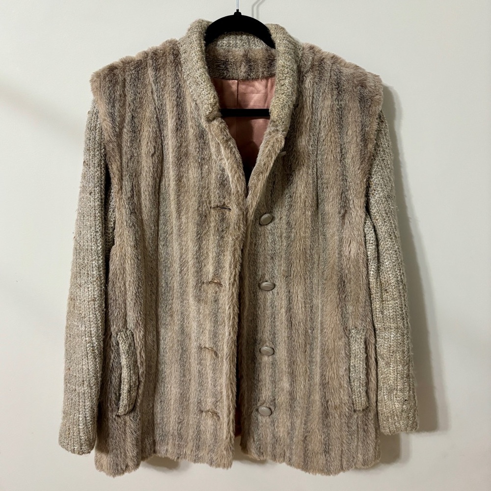 Vintage Women's Faux Fur Teddy Jacket in  Brown and Grey Hues